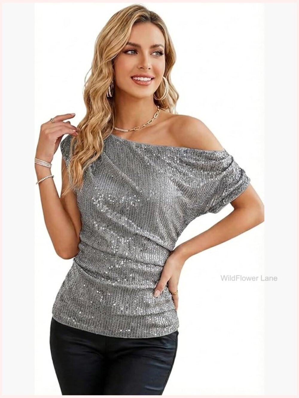One Shoulder Sequin Top Sparkly Off Shoulder Glitter Blouse Ruched Elegant